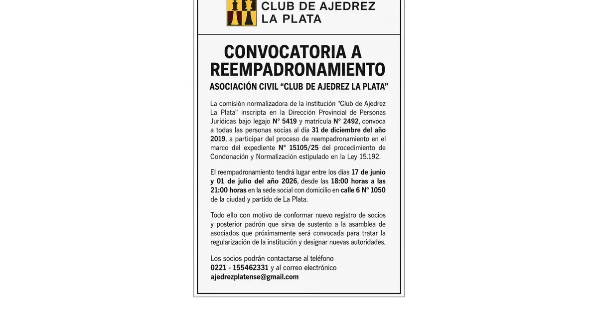 El Club de Ajedrez La Plata busca revitalizar su comunidad con el reempadronamiento de socios