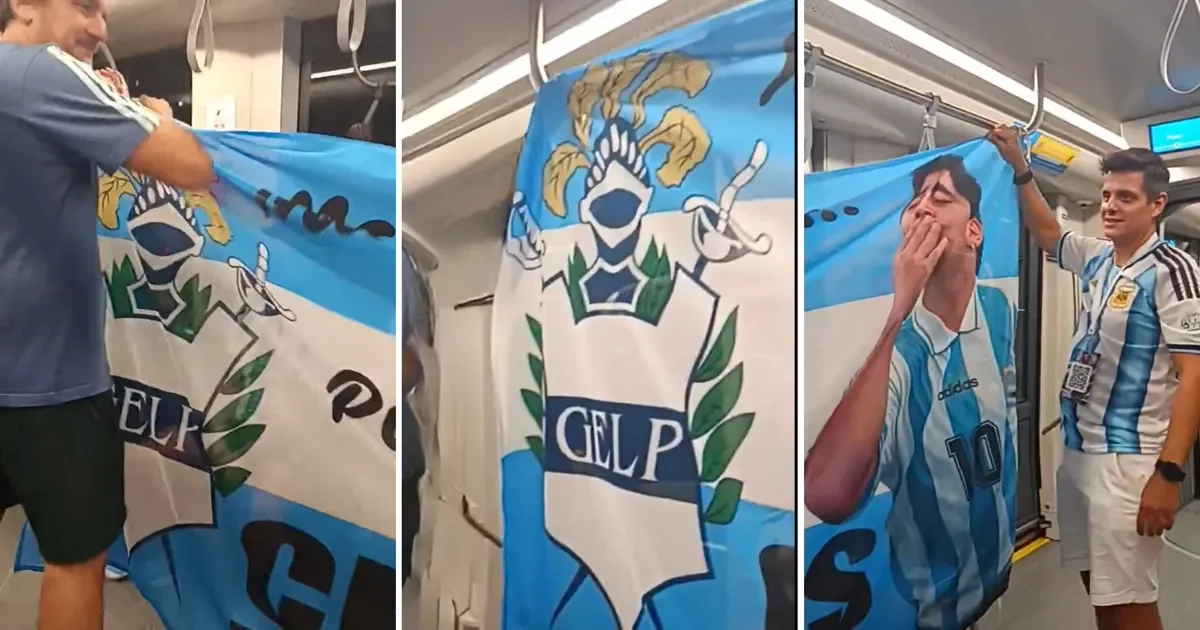 El "tranvía tripero" sorprende en Kansas con bandera de Gimnasia durante su recorrido